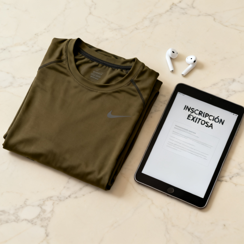 tablet mostrando un blog de fitness junto a una prenda deportiva de alta calidad y accesorios tecnológicos